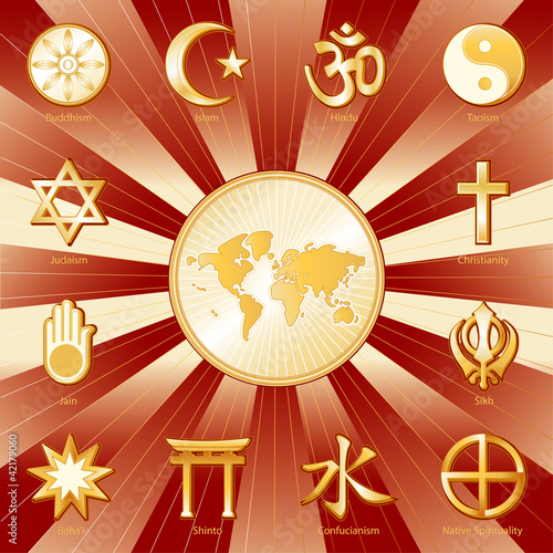 Vector: One World, Many Faiths, 12 world religion symbols, labels, map One World, Many Faiths, 12 world religion symbols, labels, map