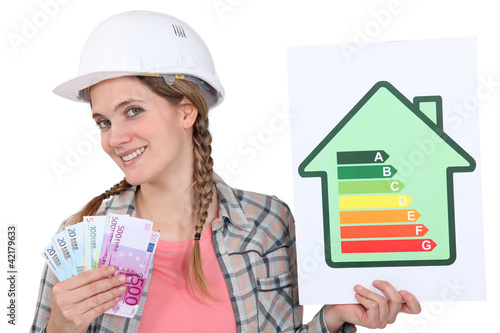 Photo: Woman holding energy score card and cash Woman holding energy score card and cash