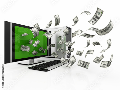 Illustration: Laptop and flying cash, earning money concept Laptop and flying cash, earning money concept