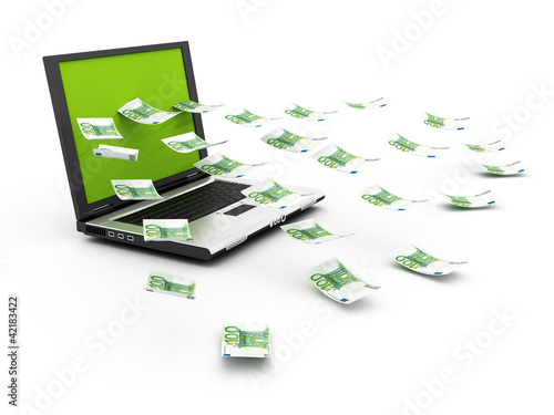 Illustration: Laptop and flying cash, earning money concept Laptop and flying cash, earning money concept