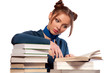 girl sitting in front of books