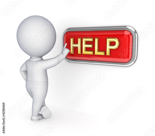Illustration: 3d small person pushing button HELP. 3d small person pushing button HELP.