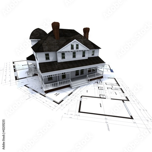 Illustration: Colonial house and blueprints Colonial house and blueprints