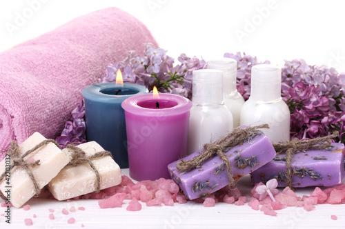 Photo: beautiful spa setting on white wooden background beautiful spa setting on white wooden background