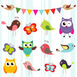 set of cute birds and butterflies