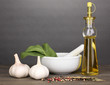 Photo: ingredients and spice on wooden table on grey background ingredients and spice on wooden table on grey background