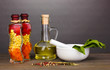 Photo: ingredients and spice on wooden table on grey background ingredients and spice on wooden table on grey background
