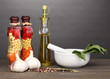 Photo: ingredients and spice on wooden table on grey background ingredients and spice on wooden table on grey background