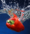 Red pepper falling into water. Blue background