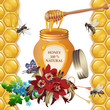 Jar of honey with wooden dipper, bees, cornflowers, peonies