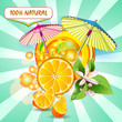 Slices orange with flowers, leaves and umbrellas