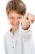 Portrait of handsome boy pointing at you.