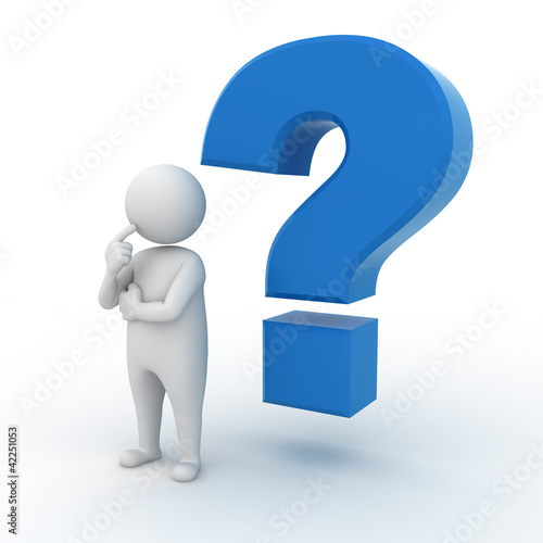 Illustration: Man with blue question mark on white background Man with blue question mark on white background