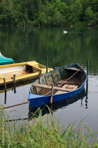 Photo: barche sul fiume Adda. Sullo sfondo un cigno reale barche sul fiume Adda. Sullo sfondo un cigno reale