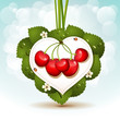 Vector: Ripe cherry over heart background with leafs and flowers Ripe cherry over heart background with leafs and flowers