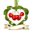 Vector: Ripe cherry over heart background with leafs and flowers Ripe cherry over heart background with leafs and flowers