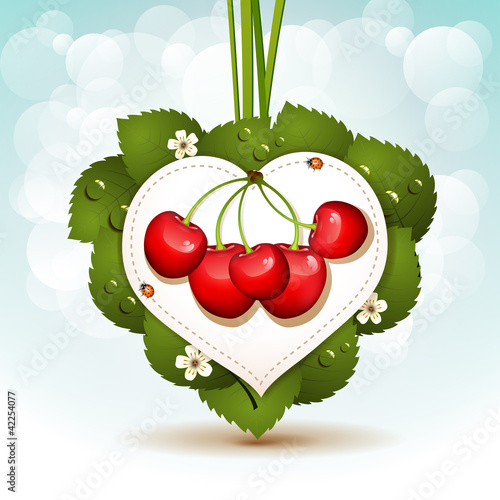 Vector: Ripe cherry over heart background with leafs and flowers Ripe cherry over heart background with leafs and flowers