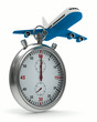 Ilustração: Stopwatch and airplane on white background. Isolated 3D image Stopwatch and airplane on white background. Isolated 3D image