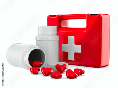 Illustration: first aid and hearts on white background. Isolated 3D image first aid and hearts on white background. Isolated 3D image