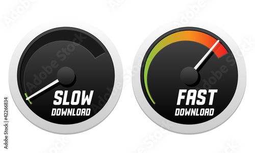 Vector: Speedometers with slow and fast download. Vector illustration. Speedometers with slow and fast download. Vector illustration.