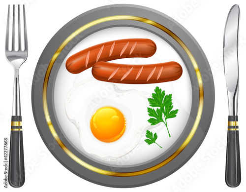 Vektor: Fried eggs and sausage on plate Fried eggs and sausage on plate