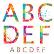Font - Colorful letters with drops and splashes from A to F.