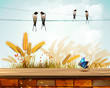 Landscape with brick wall and wheat