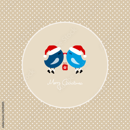 Vettoriale: 2 Blue Birds Flying Holding Christmas Gift Dots Frame 2 Blue Birds Flying Holding Christmas Gift Dots Frame