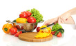 woman hands cutting vegetables on kitchen blackboard