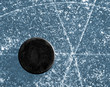 black hockey puck on ice rink