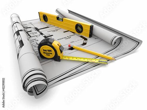 Illustration: Construction Concept. Blueprint, level and rulers Construction Concept. Blueprint, level and rulers