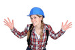 Tradeswoman holding up her hands