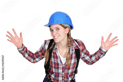 Photo: Tradeswoman holding up her hands Tradeswoman holding up her hands