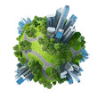 Conceptual mini planet parks along with skyscrapers roads