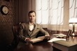 Businessman in home interior with a book