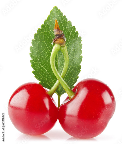 Foto: sweet juicy cherry with green leaf isolated on white background sweet juicy cherry with green leaf isolated on white background
