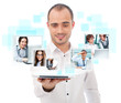 Adult businessman using his tablet computer to communicate his t