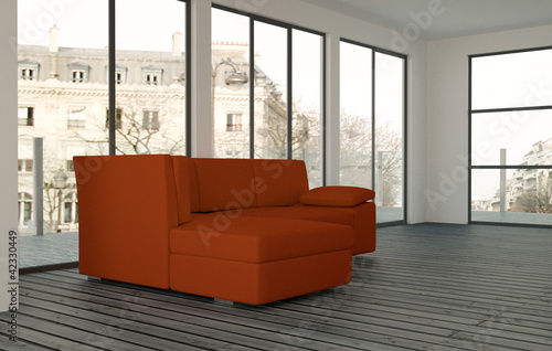 Illustration: Rotes Sofa im Loft Rotes Sofa im Loft