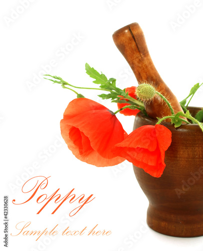 Foto: poppy in wooden mortar isolated on white background poppy in wooden mortar isolated on white background