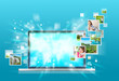 Open laptop at blue background. Pictures are flying out of the s
