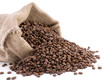 Coffee beans in a burlap bag close up