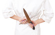 back of female chef with knife and fork, white background