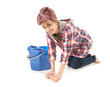 cleaning floor woman with blue bucket