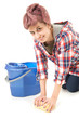 cleaning floor woman with blue bucket