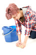 cleaning floor woman with blue bucket
