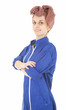 young woman worker in blue coveralls