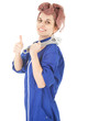 young woman worker with tool and thumb up