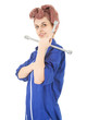 young woman worker in blue coveralls with tool