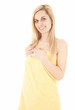 young woman in yellow towel, white background