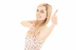 happy young woman with thumbs up, white background